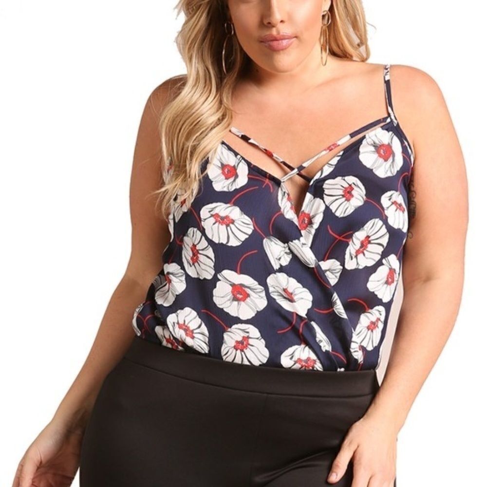 New Plus Size Floral Crepe Cross Strap Tank Top